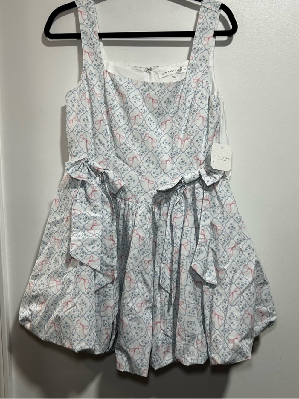 NWT Altar'd State Floral Mini Dress SIZE M ballon hem Blue /pink Bows